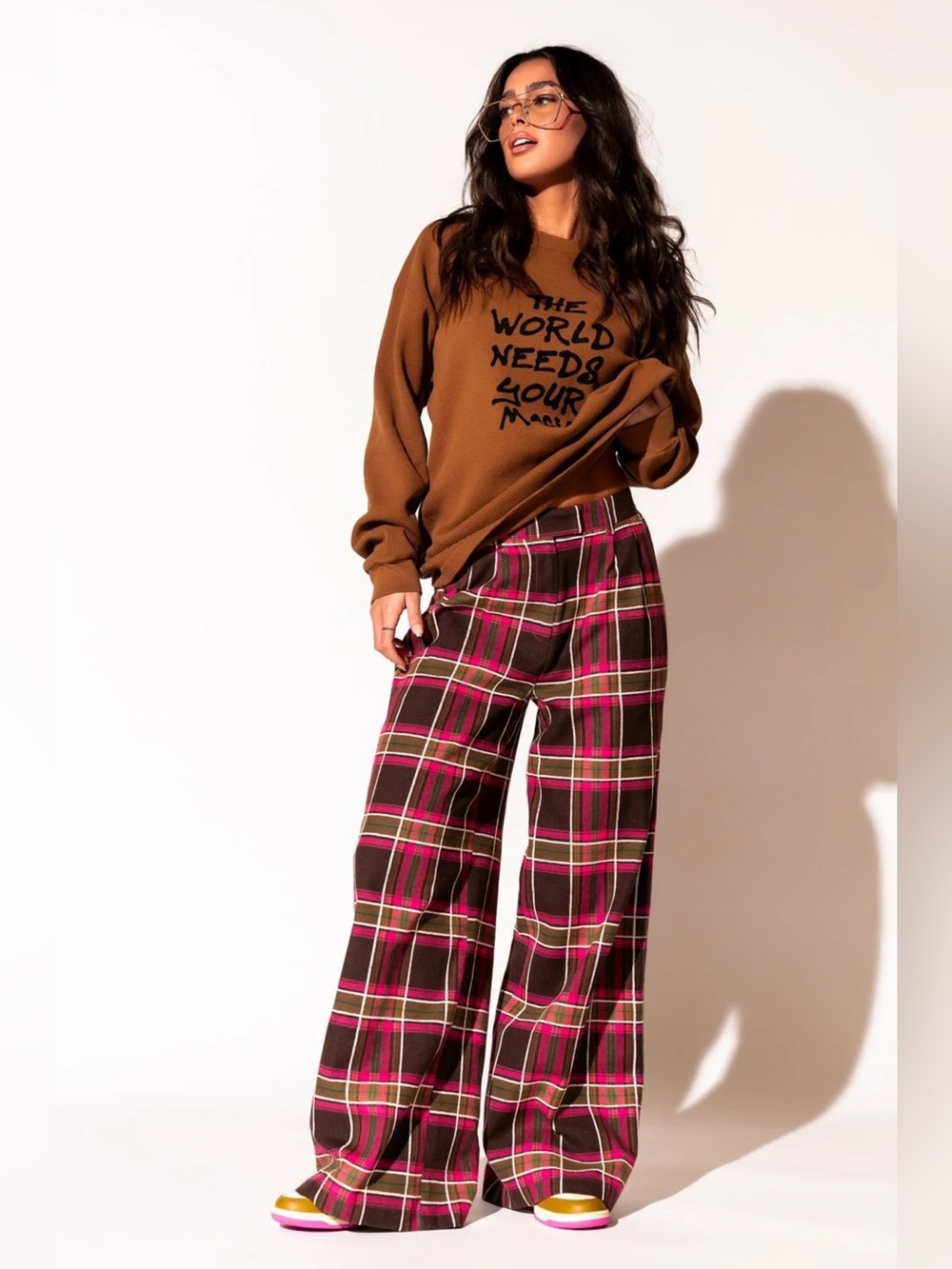 Dressed in LALA Lovers Lane Plaid Wide Leg Trousers in Pink - Picture 2 of 5